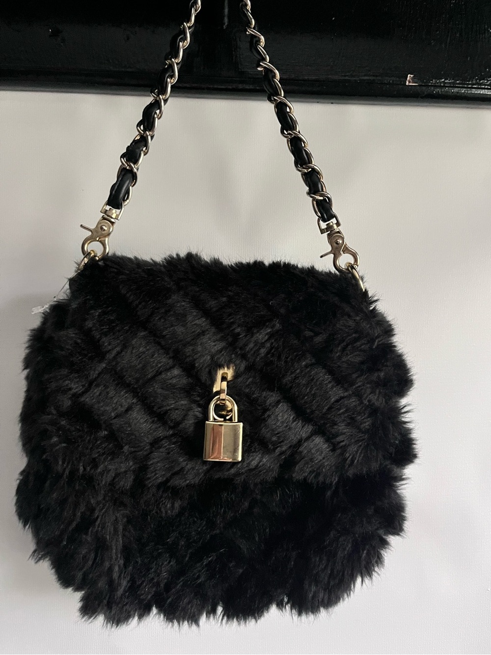 Bueno Black Faux Fur Chain Shoulder Bag with Gold Lock